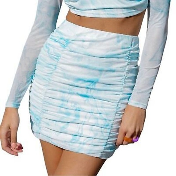 Elodie Blue White Marbled Mesh Ruched Mini Skirt NWT Size XS - Picture 1 of 8